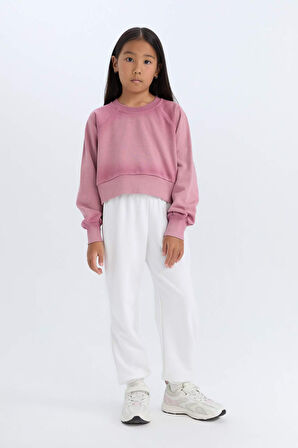 DeFacto Kız Çocuk Relax Fit Bisiklet Yaka Crop Basic Düz Sweatshirt D6994A824WNBR277