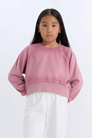 DeFacto Kız Çocuk Relax Fit Bisiklet Yaka Crop Basic Düz Sweatshirt D6994A824WNBR277