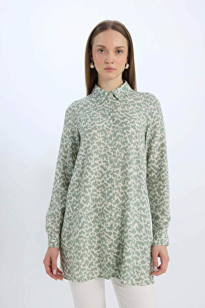 Relax Fit Gömlek Yaka Desenli  Viskon Uzun Kollu Tunik