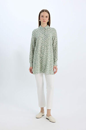 Relax Fit Gömlek Yaka Desenli  Viskon Uzun Kollu Tunik