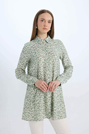 Relax Fit Gömlek Yaka Desenli  Viskon Uzun Kollu Tunik