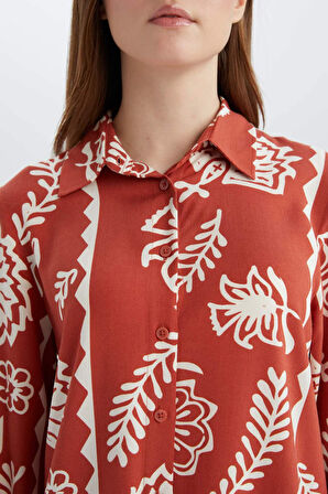 Relax Fit Gömlek Yaka Desenli  Viskon Uzun Kollu Tunik