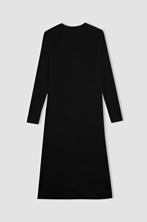DeFacto Bisiklet Yaka Basic Düz Beli Bağlamalı Bürümcük Uzun Kollu Maxi Siyah Elbise D6553AX24WNBK81