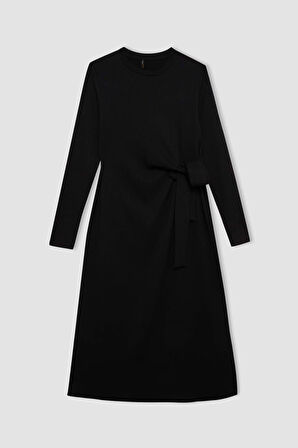 DeFacto Bisiklet Yaka Basic Düz Beli Bağlamalı Bürümcük Uzun Kollu Maxi Siyah Elbise D6553AX24WNBK81