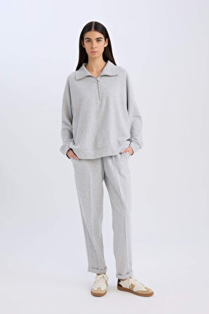 Regular Fit Pantolon Beli Lastikli Basic Düz Bağcıklı Cepli Paça Katlamalı Uzun Boy