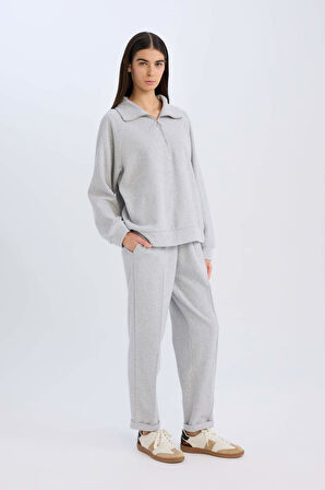 Regular Fit Pantolon Beli Lastikli Basic Düz Bağcıklı Cepli Paça Katlamalı Uzun Boy