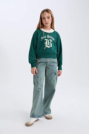 DeFacto Kız Çocuk Relax Fit Bisiklet Yaka Baskılı İçi Yumuşak Tüylü Sweatshirt D7042A824WNGN1116