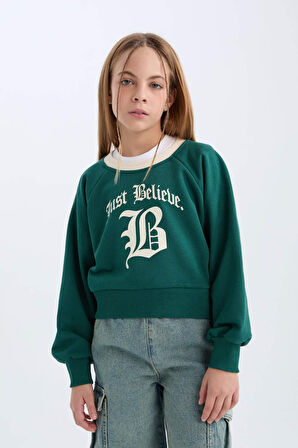 DeFacto Kız Çocuk Relax Fit Bisiklet Yaka Baskılı İçi Yumuşak Tüylü Sweatshirt D7042A824WNGN1116