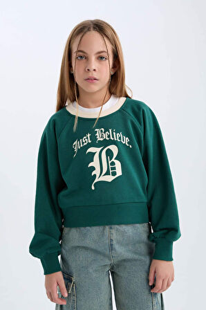 DeFacto Kız Çocuk Relax Fit Bisiklet Yaka Baskılı İçi Yumuşak Tüylü Sweatshirt D7042A824WNGN1116