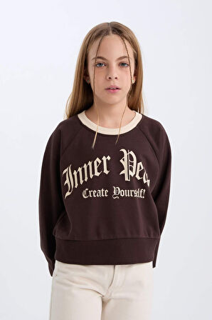 DeFacto Kız Çocuk Relax Fit Bisiklet Yaka Baskılı İçi Yumuşak Tüylü Sweatshirt D7042A824WNBN116