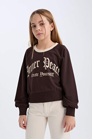 DeFacto Kız Çocuk Relax Fit Bisiklet Yaka Baskılı İçi Yumuşak Tüylü Sweatshirt D7042A824WNBN116