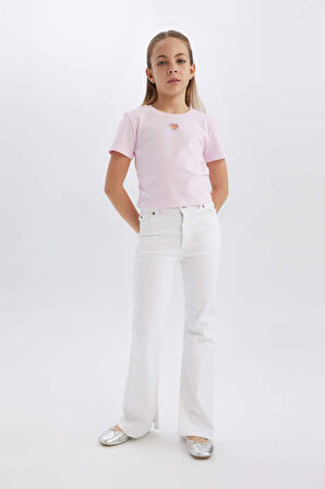DeFacto Kız Çocuk 23 Nisan Çocuk Bayramı Flare Fit İspanyol Paça Pamuklu Jean Pantolon D7099A825SMWT34