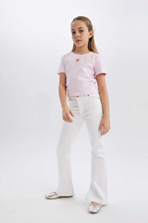 DeFacto Kız Çocuk 23 Nisan Çocuk Bayramı Flare Fit İspanyol Paça Pamuklu Jean Pantolon D7099A825SMWT34