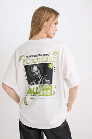 DeFacto Coool Beetlejuice Oversize Geniş Kalıp Bisiklet Yaka Baskılı Kısa Kollu Tişört D8363AX24AUWT32