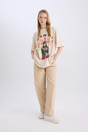 DeFacto Coool Beetlejuice Oversize Geniş Kalıp Bisiklet Yaka Baskılı Kısa Kollu Tişört D8372AX24AUER37