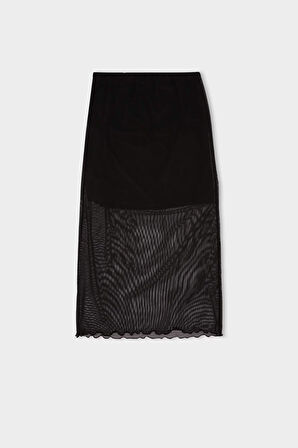 DeFacto Kalem Normal Bel Drapeli Astarlı Tül Midi Etek D8744AX24AUBK81