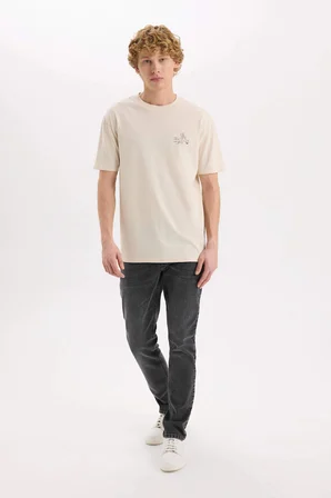 Defacto D6789 Bej Tom & Jerry Regular Fit Bisiklet Yaka Sırt Baskılı Kısa Kollu Tişört