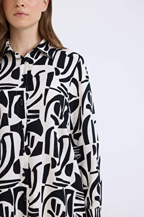 Relax Fit Gömlek Yaka Desenli  Viskon Uzun Kollu Tunik