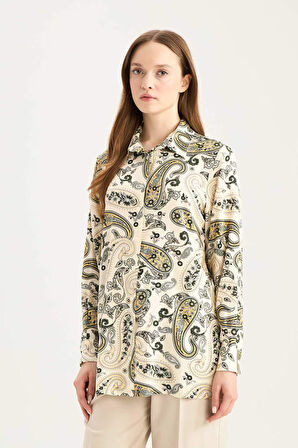 Relax Fit Gömlek Yaka Desenli  Viskon Uzun Kollu Tunik