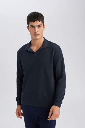 Regular Fit Polo Yaka Jakarlı Sweatshirt