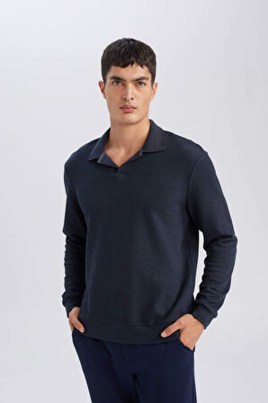 Regular Fit Polo Yaka Jakarlı Sweatshirt