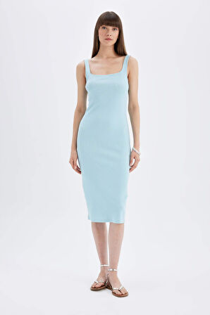 DeFacto Bodycon Vücuda Oturan Basic Düz Kare Yaka Fitilli Kaşkorse Kolsuz Midi Elbise Z7577AZ24SMBE507