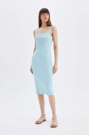 DeFacto Bodycon Vücuda Oturan Basic Düz Kare Yaka Fitilli Kaşkorse Kolsuz Midi Elbise Z7577AZ24SMBE507