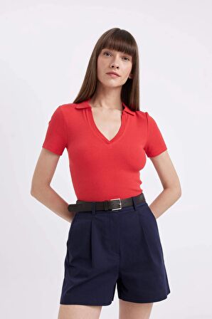 DeFacto Slim Fit Dar Kesim Fitilli Kaşkorse Kısa Kollu Polo Tişört C4076AX24SPRD227