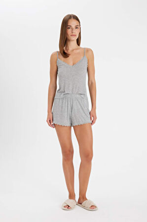DeFacto Pijama Takım Ribana Askılı Üst Şort-Fall in Love C7996AX24HSGR93