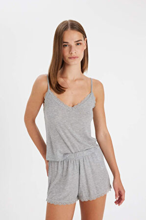 DeFacto Pijama Takım Ribana Askılı Üst Şort-Fall in Love C7996AX24HSGR93