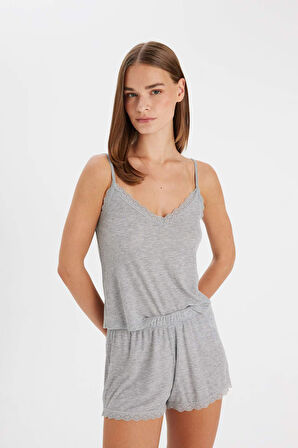 DeFacto Pijama Takım Ribana Askılı Üst Şort-Fall in Love C7996AX24HSGR93