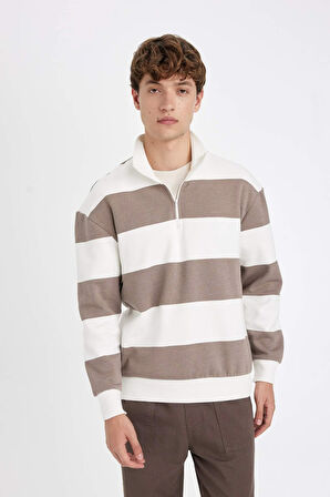 DeFacto Boxy Fit Fermuarlı Yaka Çizgili Sweatshirt C7045AX24AUBG73
