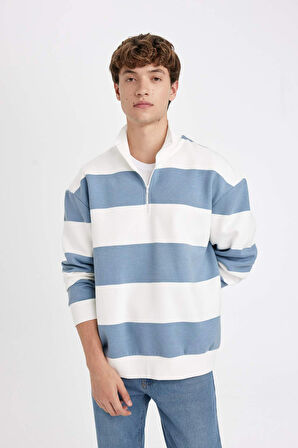 DeFacto Boxy Fit Fermuarlı Yaka Çizgili Sweatshirt C7045AX24AUBE607