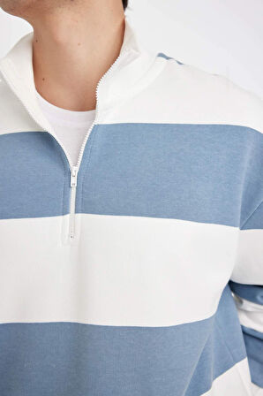 DeFacto Boxy Fit Fermuarlı Yaka Çizgili Sweatshirt C7045AX24AUBE607