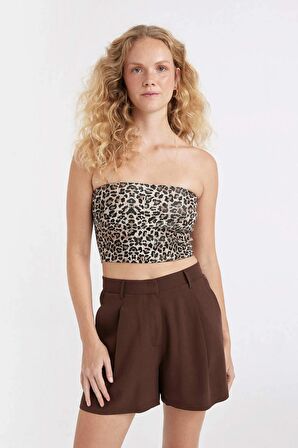 Slim Fit Leopar Desenli Straplez Fitilli Kaşkorse Atlet