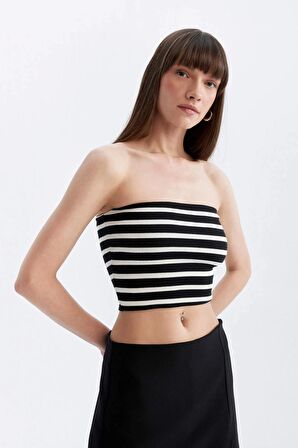 DeFacto Slim Fit Dar Kesim Çizgili Straplez Fitilli Kaşkorse Bluz D4549AX24SMBK81