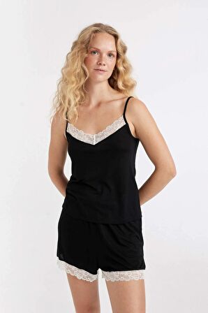 DeFacto Fall in Love Pijama Takımı Regular Fit Viskon Askılı Üst Şort D1082AX24HSBK81