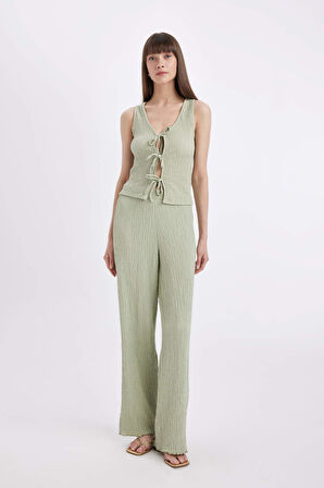 Wide Leg Geniş Paça Beli Lastikli Basic Düz Bürümcük Pantolon