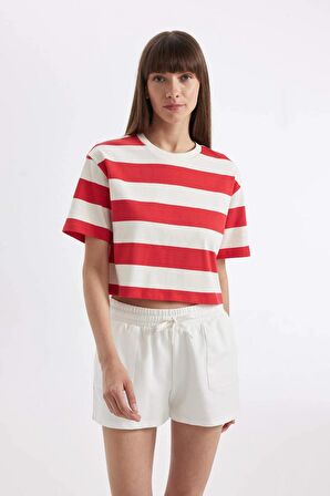 DeFacto Boxy Fit Bisiklet Yaka Çizgili Basic Kısa Kollu Tişört C6198AX24SMRD59