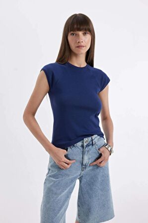 Slim Fit Bisiklet Yaka Ribana Kısa Kollu Tişört