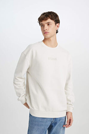 Erkek Mint Boxy Fit Bisiklet Yaka Baskılı Sweatshirt