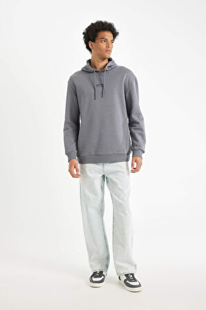 DeFacto Gri Relax Fit Kapüşonlu Baskılı Sweatshirt Y9652AZ24AUGR439