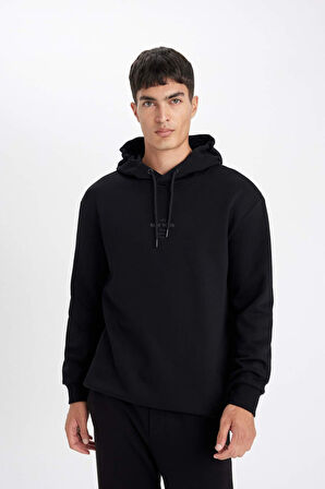 DeFacto Siyah Relax Fit Kapüşonlu Baskılı Sweatshirt Y9652AZ24AUBK81