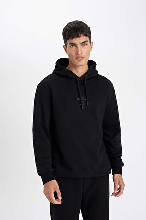 DeFacto Siyah Relax Fit Kapüşonlu Baskılı Sweatshirt Y9652AZ24AUBK81