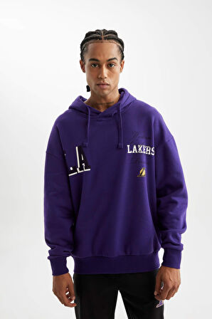 DeFactoFit NBA Los Angeles Lakers Oversize Geniş Kalıp Kapüşonlu Sırt Baskılı Sweatshirt D0671AX24AUPR299