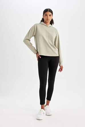 DeFactoFit Siyah Yüksek Bel Beli Saran Pamuklu Basic Düz Sporcu Tayt Z6327AZ24AUBK81