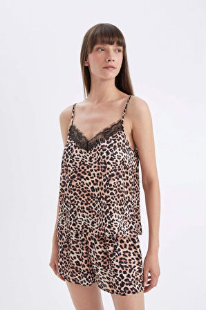 DeFacto Fall in Love Saten Pijama Takımı Leopar Desenli Askılı Üst Şort D4406AX24HSBK27