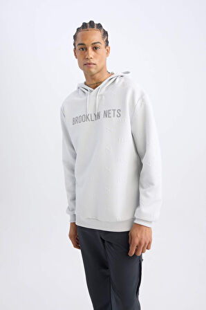 DeFactoFit NBA Brooklyn Nets Standart Fit Kapüşonlu Baskılı Jakarlı Sweatshirt C8916AX24AUGR519