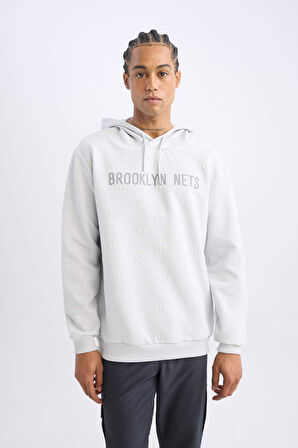DeFactoFit NBA Brooklyn Nets Standart Fit Kapüşonlu Baskılı Jakarlı Sweatshirt C8916AX24AUGR519