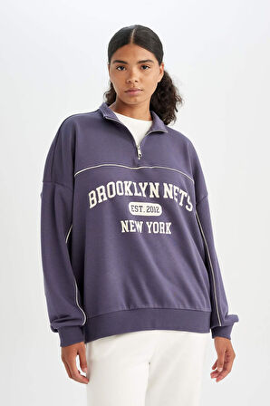 DeFactoFit NBA Brooklyn Nets Oversize Geniş Kalıp Yarım Fermuarlı Dik Yaka Sweatshirt C8246AX24AUPR493